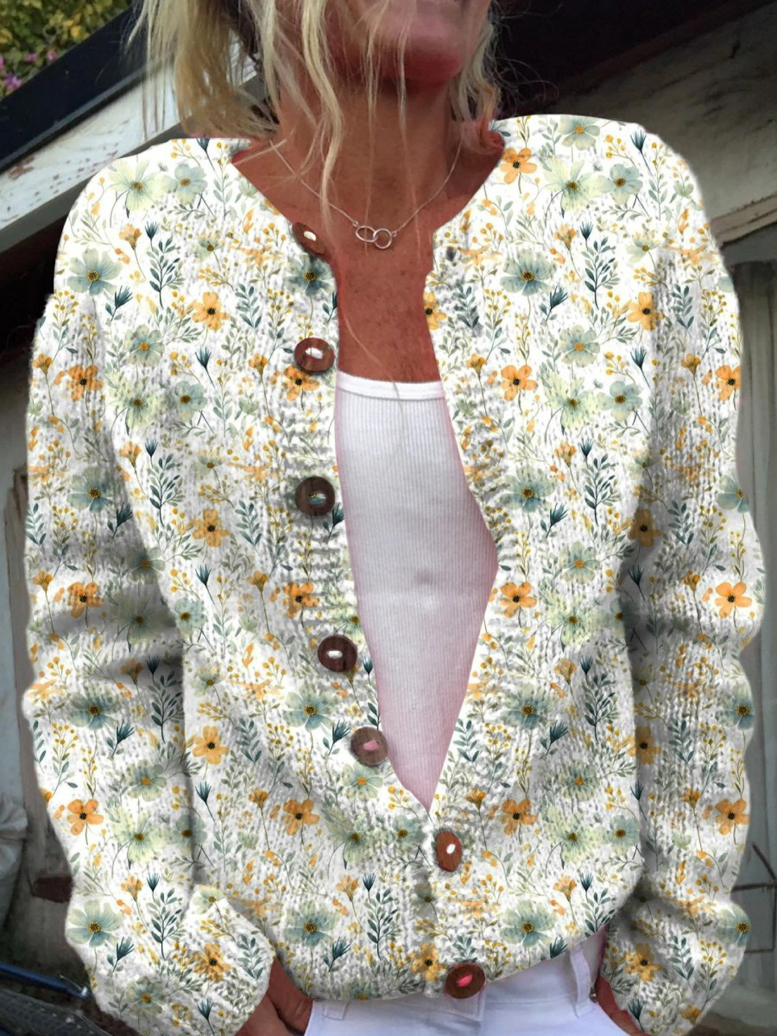 Aquarell Französische Rose Wiederholtes Muster Bedruckter Button-Cardigan-Pullover