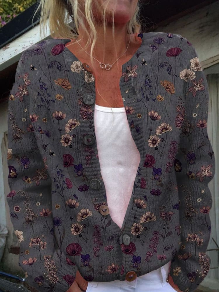 Blumen-Kunstdruck Button-Cardigan-Pullover