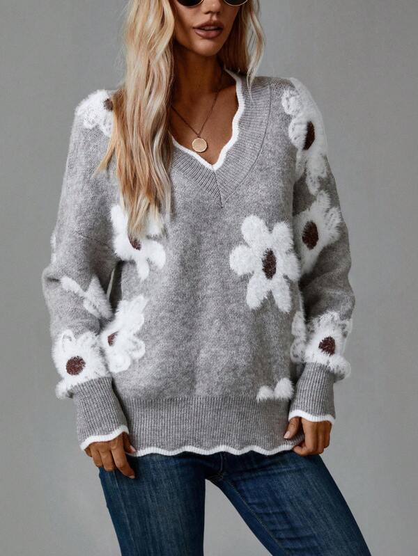 THEA | ELEGANTER V-AUSSCHNITT BLUMEN-STRICKPULLOVER
