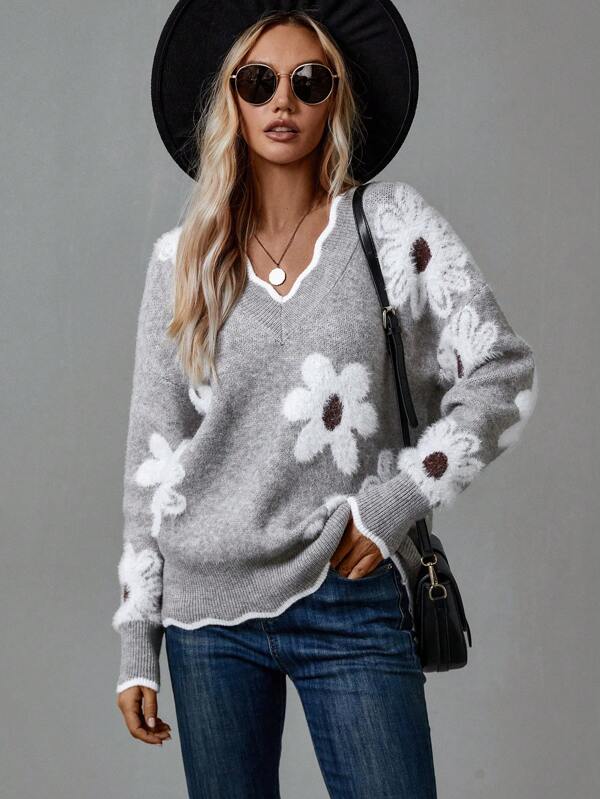 THEA | ELEGANTER V-AUSSCHNITT BLUMEN-STRICKPULLOVER