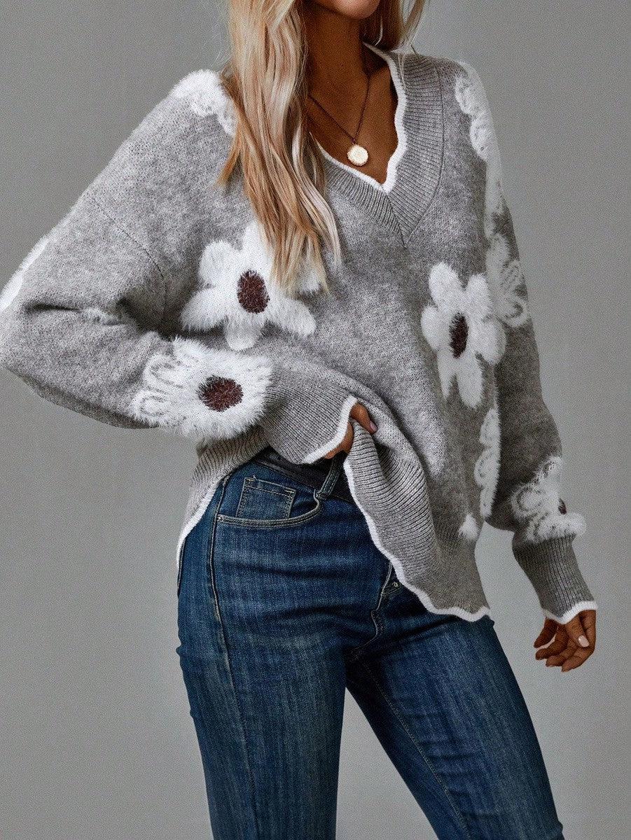 THEA | ELEGANTER V-AUSSCHNITT BLUMEN-STRICKPULLOVER