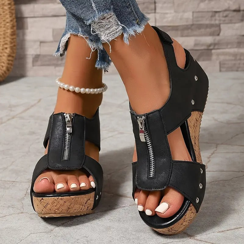 HANNA - Stylische Retro-Wedgesandalen mit Reißverschluss