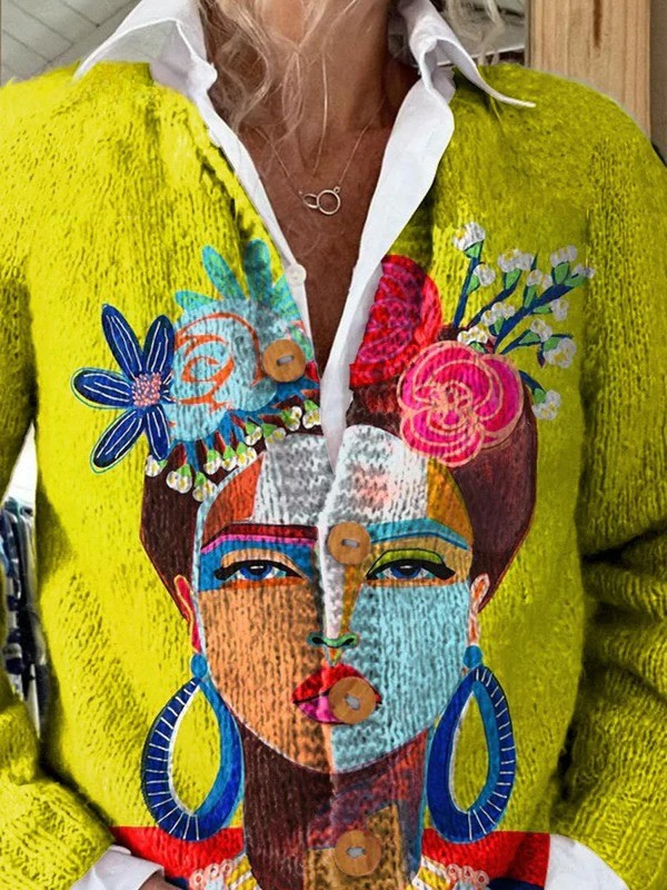 Strickjacke mit Ölgemälde-Frieda-Porträtmotiv und Knopfleiste