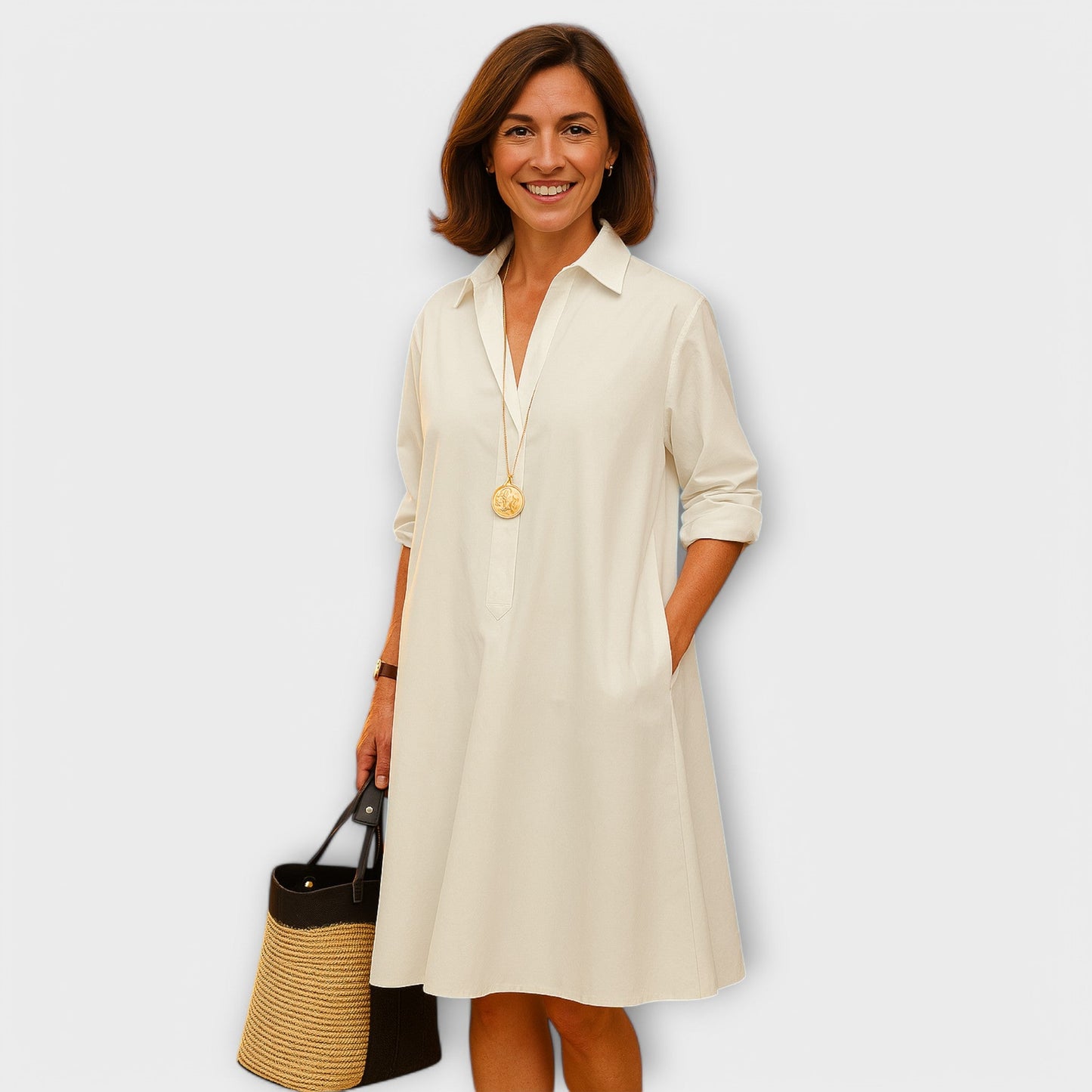 THARAH | Modernes Hemdkleid mit Kragen und Dreiviertel-Ärmeln