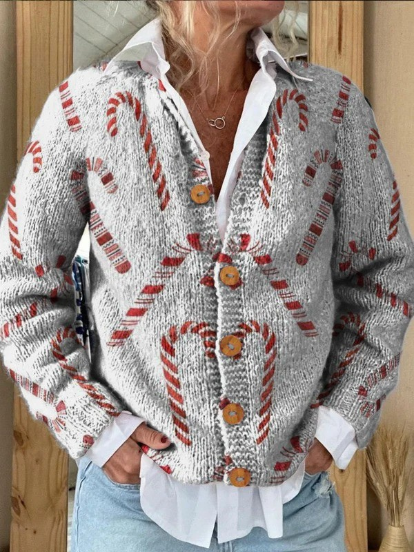 Strickjacke mit festlichem Zuckerstangen-Dekormuster und Knopfleiste