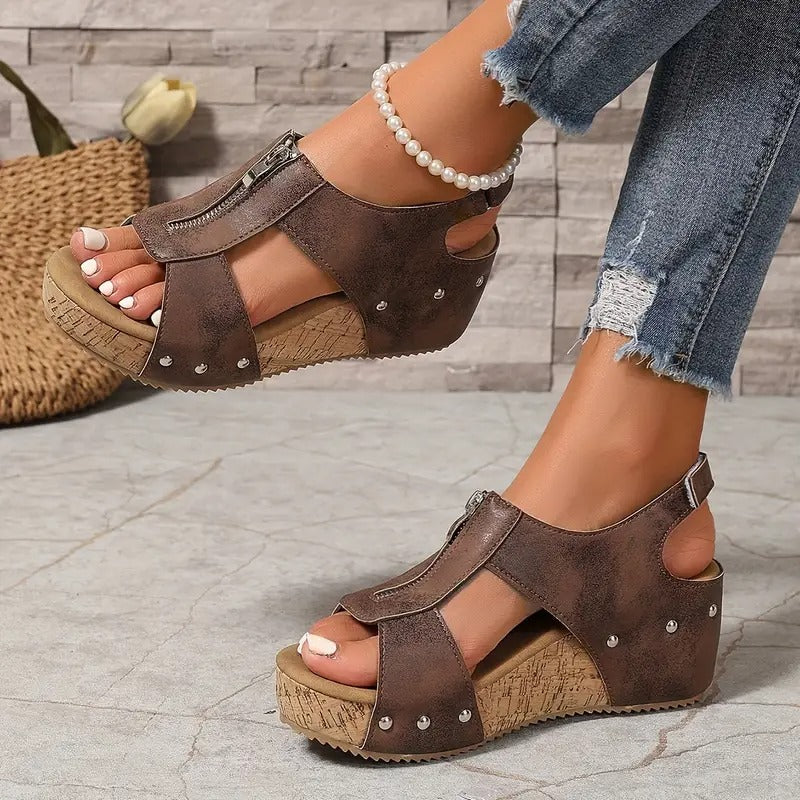 HANNA - Stylische Retro-Wedgesandalen mit Reißverschluss