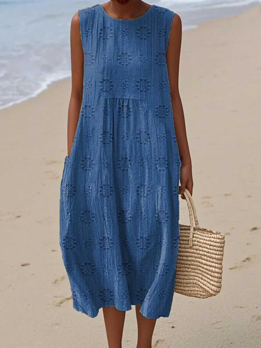 ARIANNA|SOMMERKLEID AUS BAUMWOLLE MIT BESTICKTER TASCHE