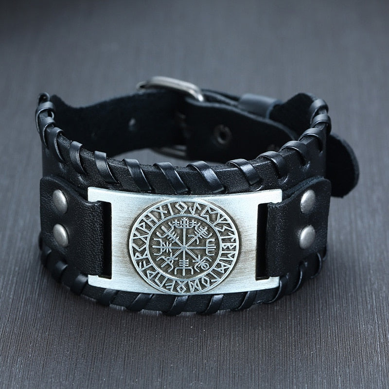 Viking Leder-Wickelarmband für Herren – Rock-Punk-Stil mit Kompass-Anhänger, verstellbare Länge, stylischer Armschmuck