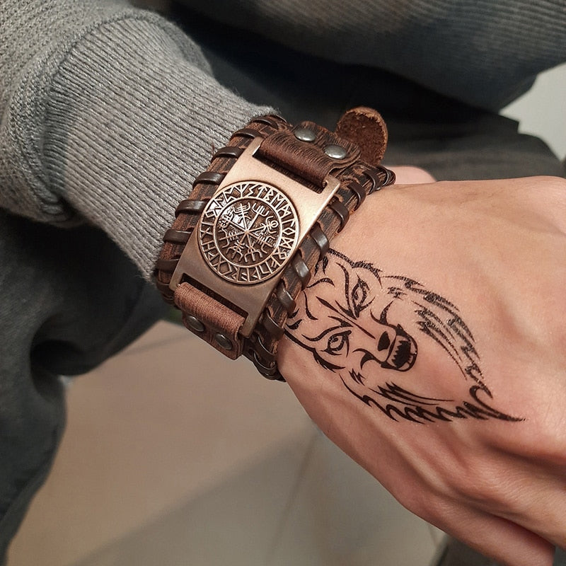 Viking Leder-Wickelarmband für Herren – Rock-Punk-Stil mit Kompass-Anhänger, verstellbare Länge, stylischer Armschmuck