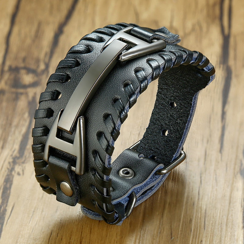 Viking Leder-Wickelarmband für Herren – Rock-Punk-Stil mit Kompass-Anhänger, verstellbare Länge, stylischer Armschmuck