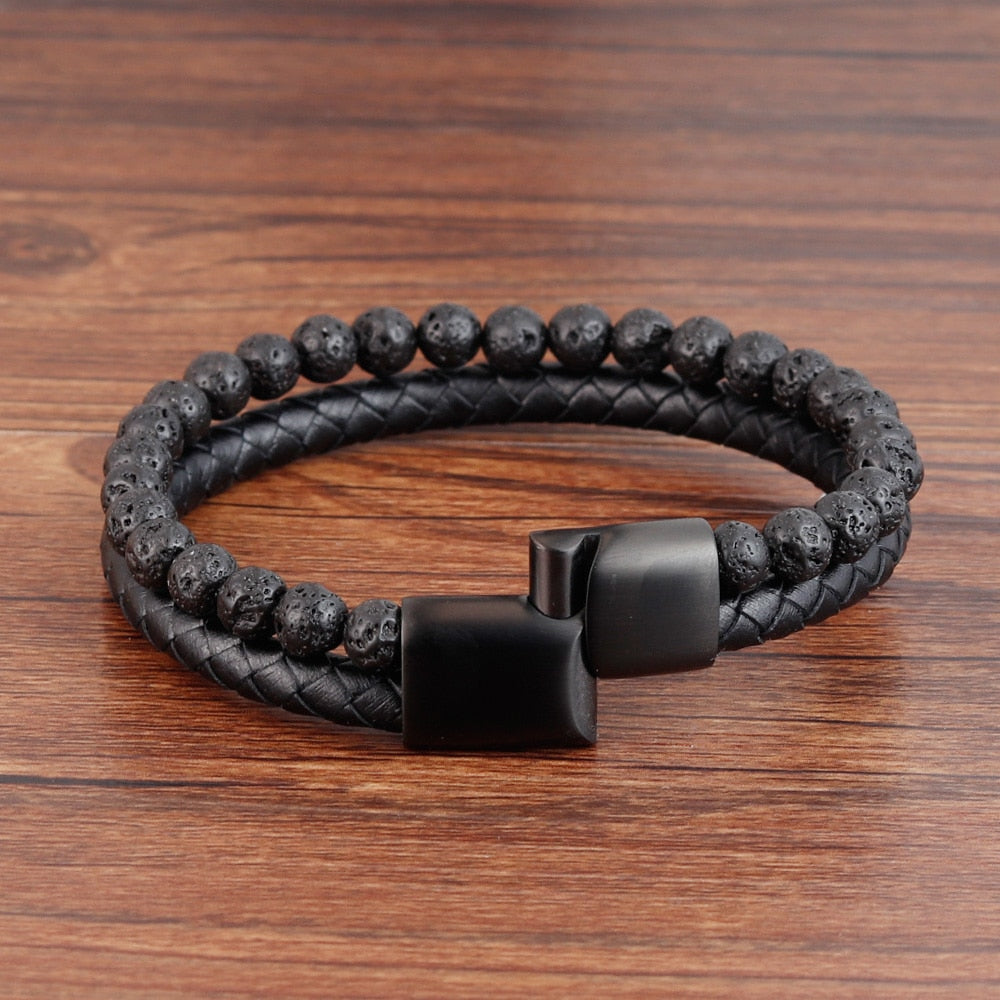 Outrigger Punk Leder- und Steinarmband für Herren – Mehrlagige Perlen mit magnetischem Edelstahlverschluss
