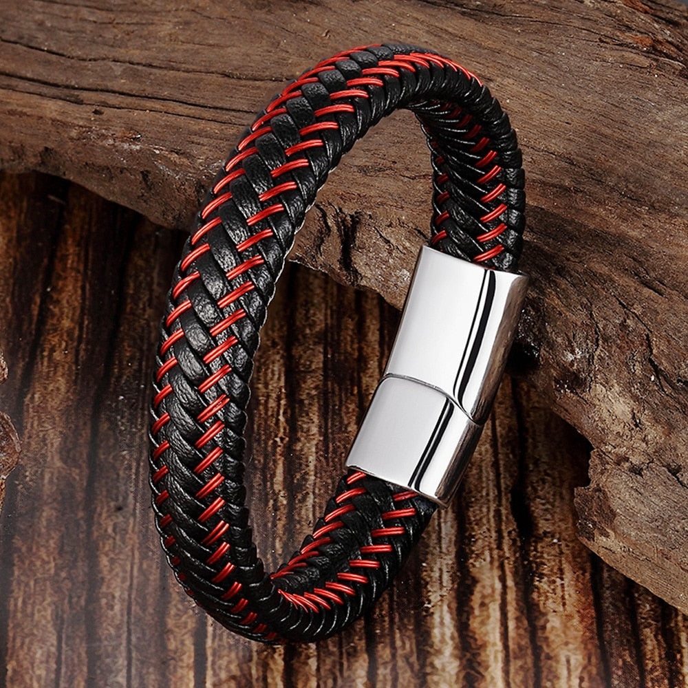 Korallenrotes geflochtenes Lederarmband – Herren-Edelstahl-Seildesign