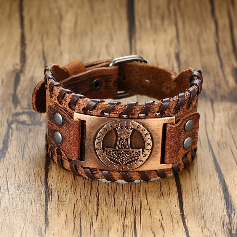 Viking Leder-Wickelarmband für Herren – Rock-Punk-Stil mit Kompass-Anhänger, verstellbare Länge, stylischer Armschmuck