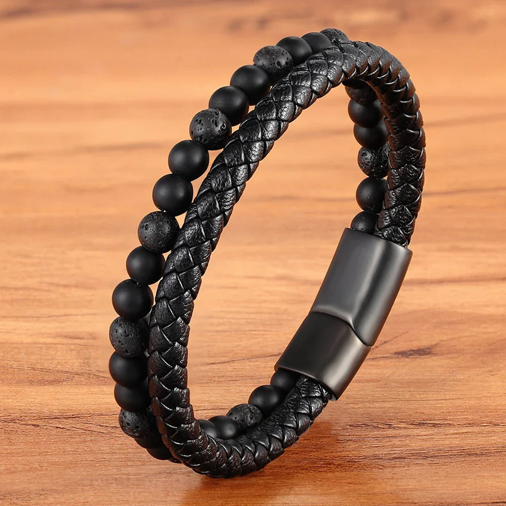Valentia Natural Stone & Leather Bracelet – Double Layer with Stainless Steel Magnetic Clasp