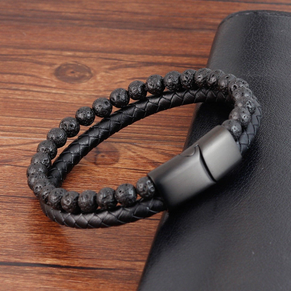 Outrigger Punk Leder- und Steinarmband für Herren – Mehrlagige Perlen mit magnetischem Edelstahlverschluss