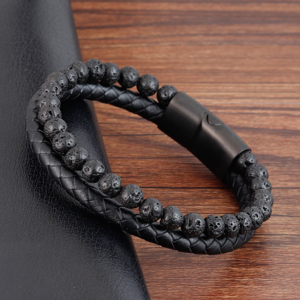 Outrigger Punk Leder- und Steinarmband für Herren – Mehrlagige Perlen mit magnetischem Edelstahlverschluss