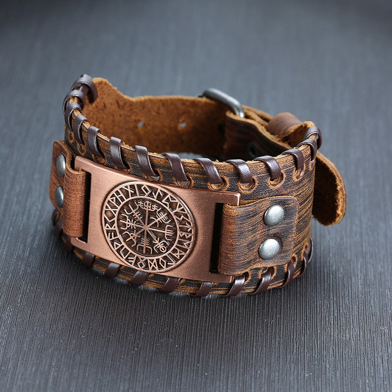 Viking Leder-Wickelarmband für Herren – Rock-Punk-Stil mit Kompass-Anhänger, verstellbare Länge, stylischer Armschmuck