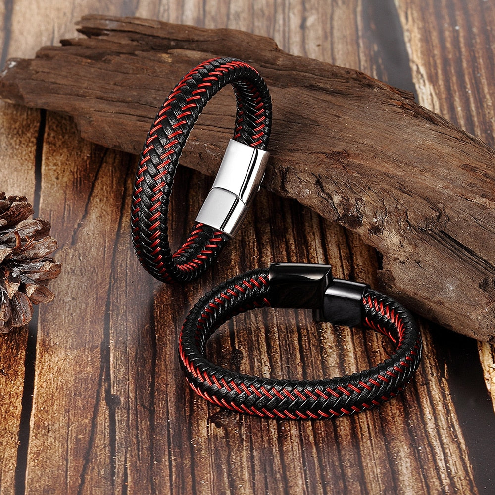 Korallenrotes geflochtenes Lederarmband – Herren-Edelstahl-Seildesign