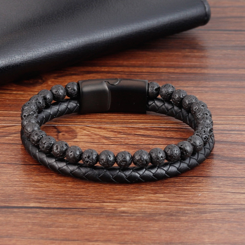 Outrigger Punk Leder- und Steinarmband für Herren – Mehrlagige Perlen mit magnetischem Edelstahlverschluss
