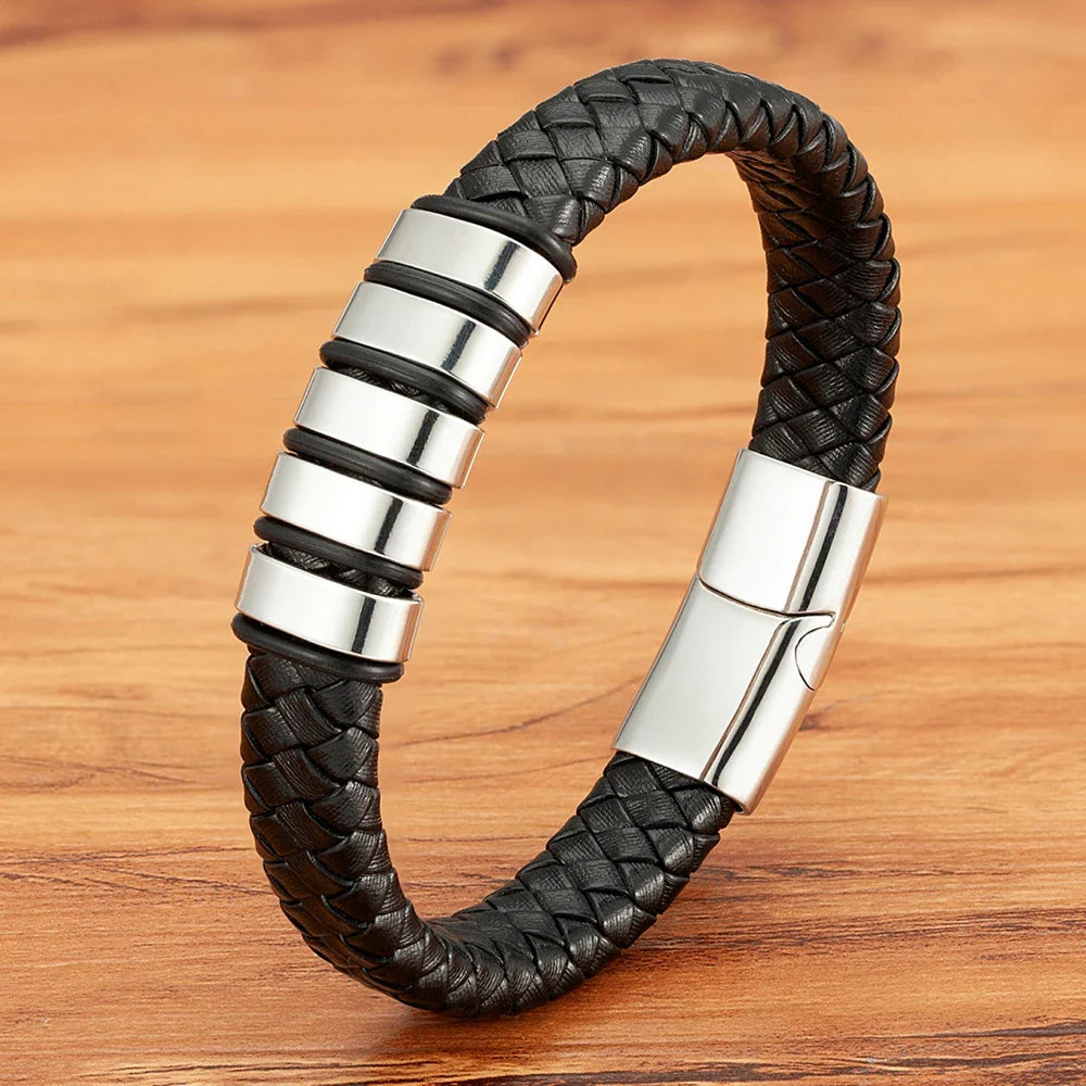 Venetulon Braided Leather Bracelet – Black Rope & Steel Magnetic Clasp for Men