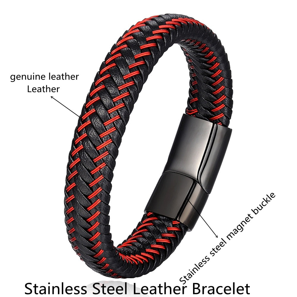 Korallenrotes geflochtenes Lederarmband – Herren-Edelstahl-Seildesign