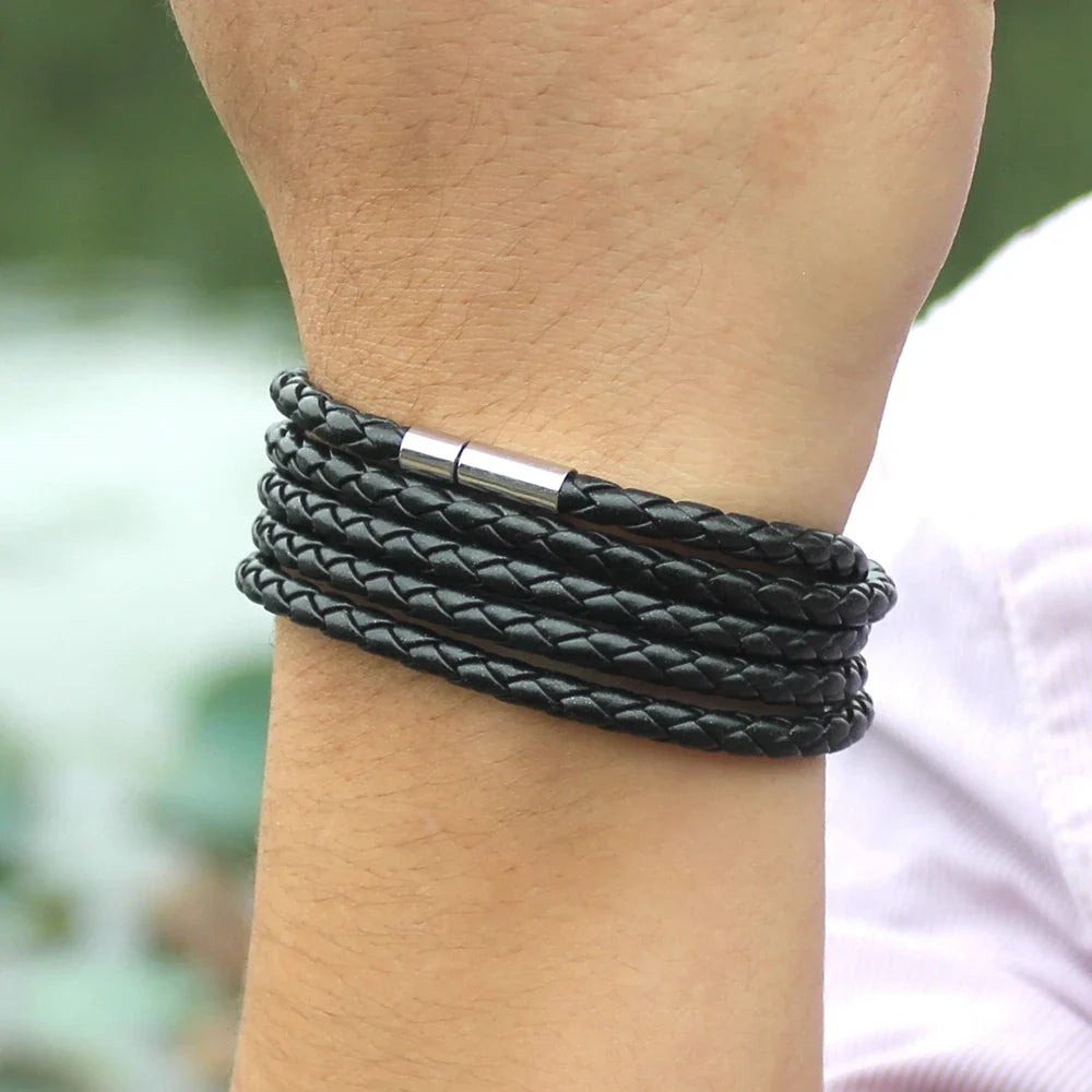 Leather Link Nero Bracelet – Black Retro Wrap Bracelet for Men with 5 Laps, Sporty Chain Link Style and Fashionable Leather Design