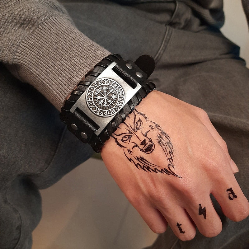 Viking Leder-Wickelarmband für Herren – Rock-Punk-Stil mit Kompass-Anhänger, verstellbare Länge, stylischer Armschmuck
