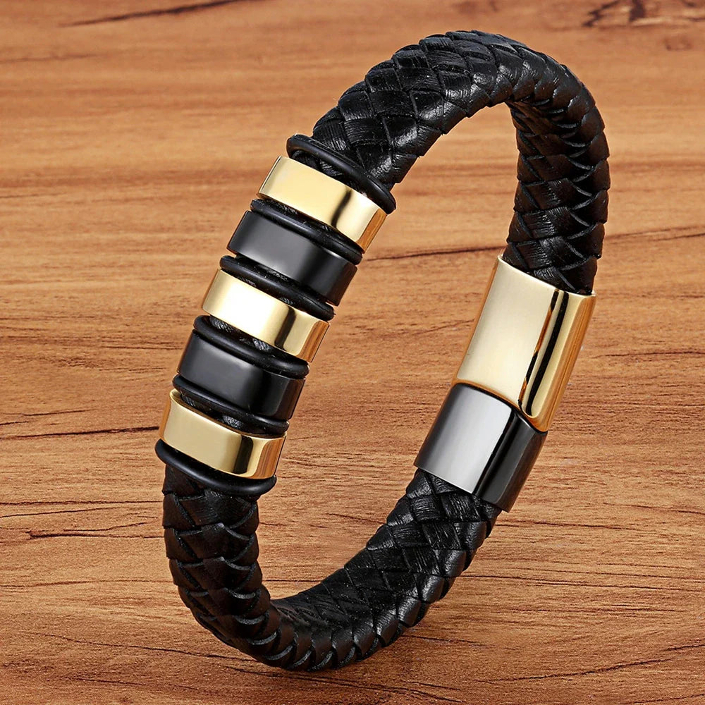 Venetulon Braided Leather Bracelet – Black Rope & Steel Magnetic Clasp for Men