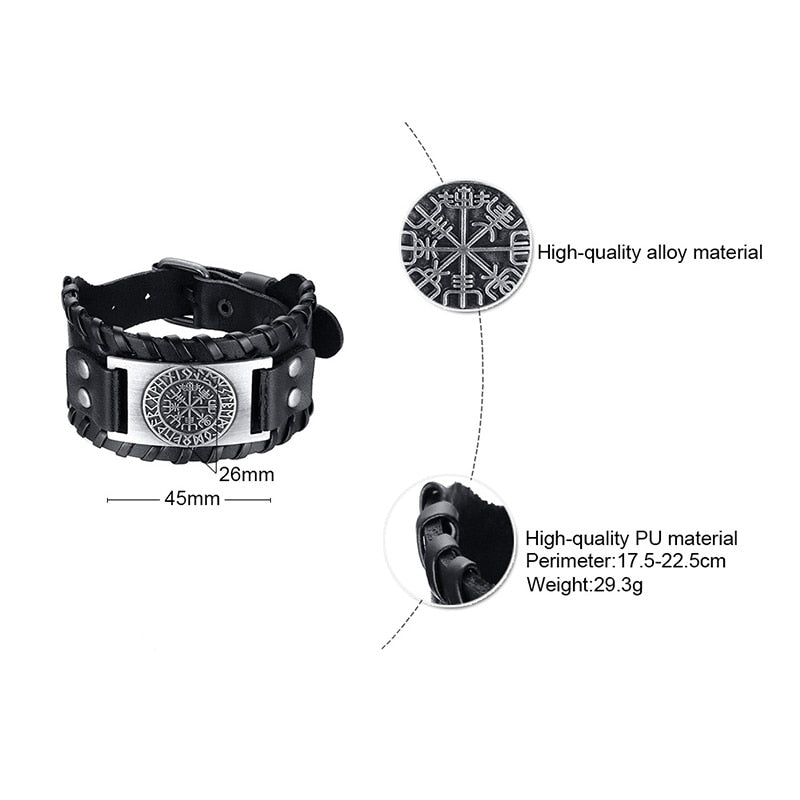 Viking Leder-Wickelarmband für Herren – Rock-Punk-Stil mit Kompass-Anhänger, verstellbare Länge, stylischer Armschmuck