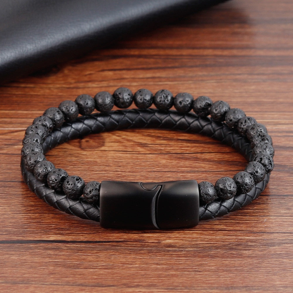 Outrigger Punk Leder- und Steinarmband für Herren – Mehrlagige Perlen mit magnetischem Edelstahlverschluss