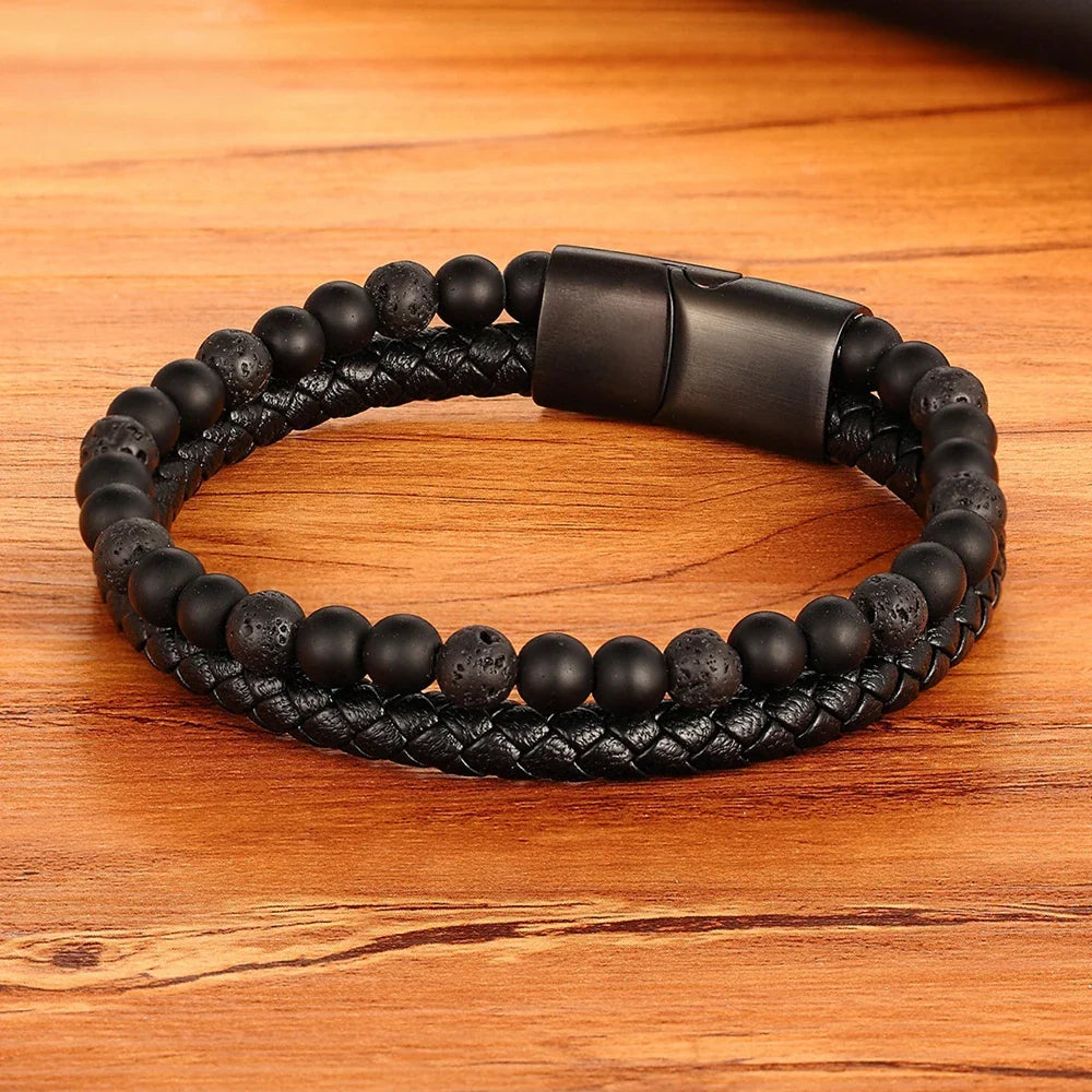 Valentia Natural Stone & Leather Bracelet – Double Layer with Stainless Steel Magnetic Clasp