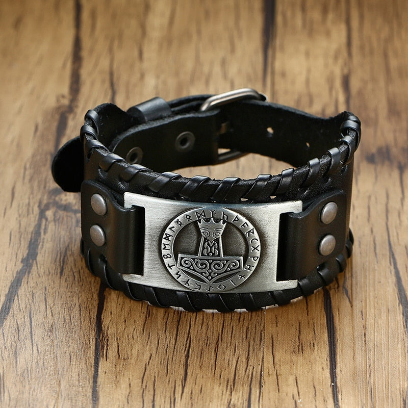 Viking Leder-Wickelarmband für Herren – Rock-Punk-Stil mit Kompass-Anhänger, verstellbare Länge, stylischer Armschmuck