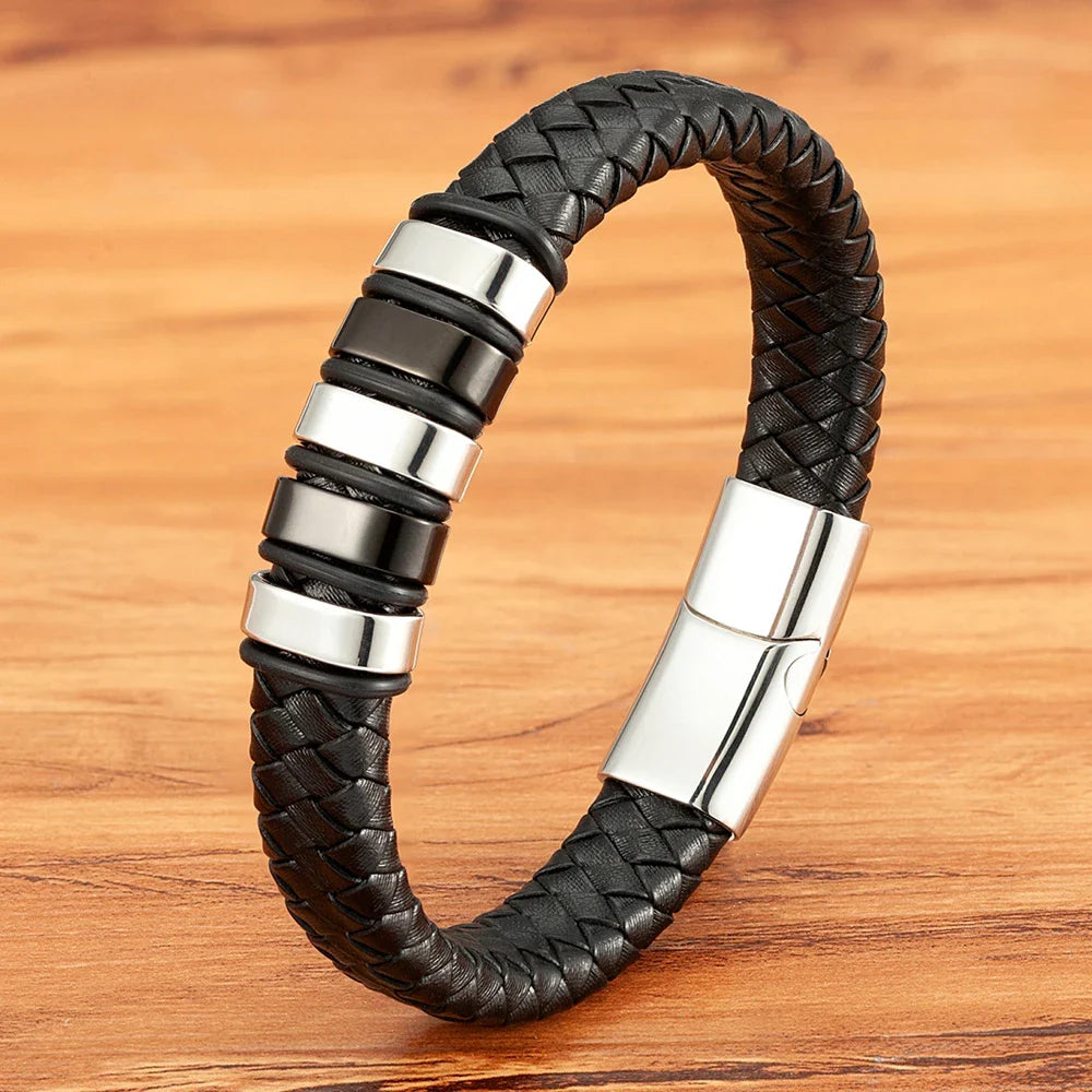 Venetulon Braided Leather Bracelet – Black Rope & Steel Magnetic Clasp for Men