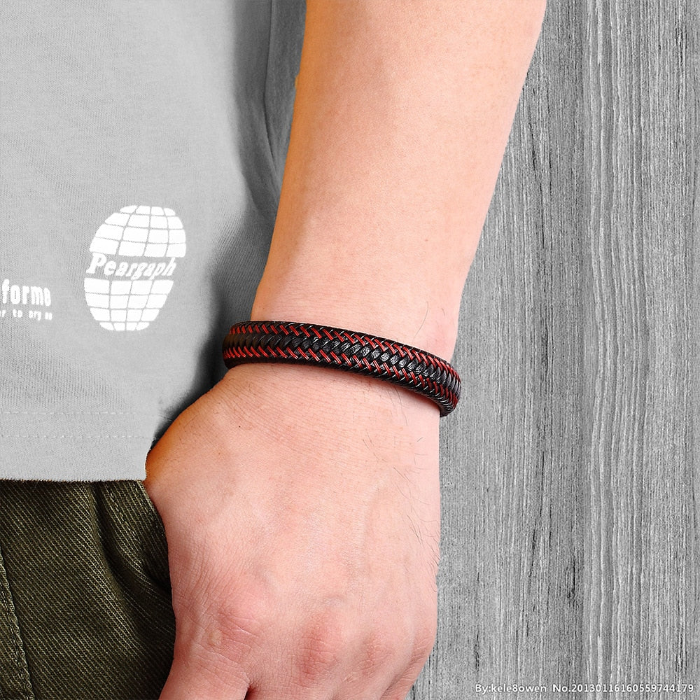 Korallenrotes geflochtenes Lederarmband – Herren-Edelstahl-Seildesign