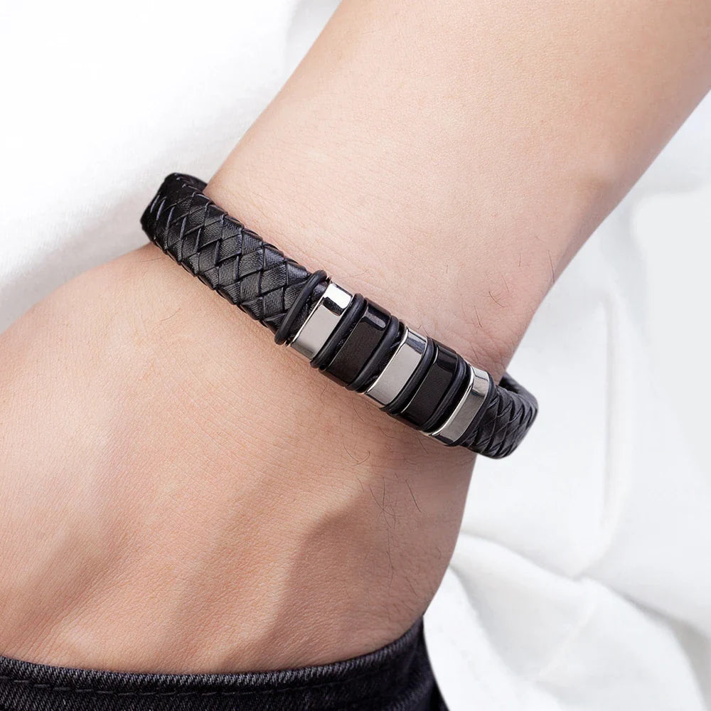 Venetulon Braided Leather Bracelet – Black Rope & Steel Magnetic Clasp for Men