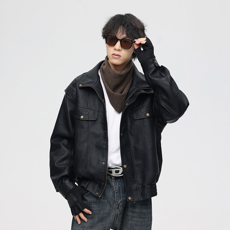 Herren Leder-Bomberjacke mit Oversized-Passform und Brusttaschen
