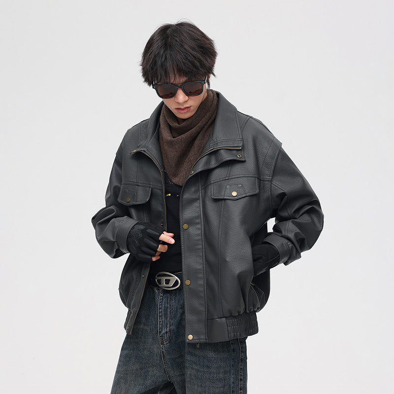 Herren Leder-Bomberjacke mit Oversized-Passform und Brusttaschen