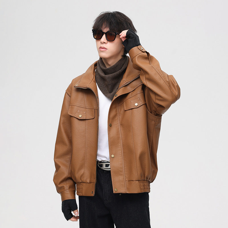 Herren Leder-Bomberjacke mit Oversized-Passform und Brusttaschen