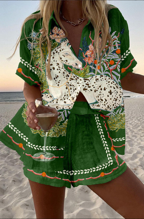 Céphira | Kurzes Leinenkleid mit Pferdedruck