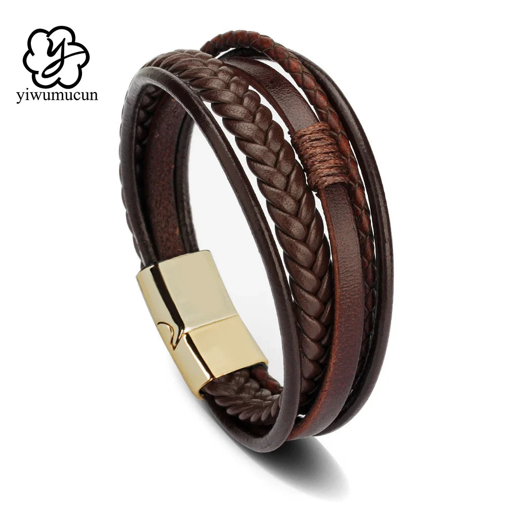 Nemausus Trendy Leather Bracelet for Men – Stainless Steel Multilayer Braided Rope