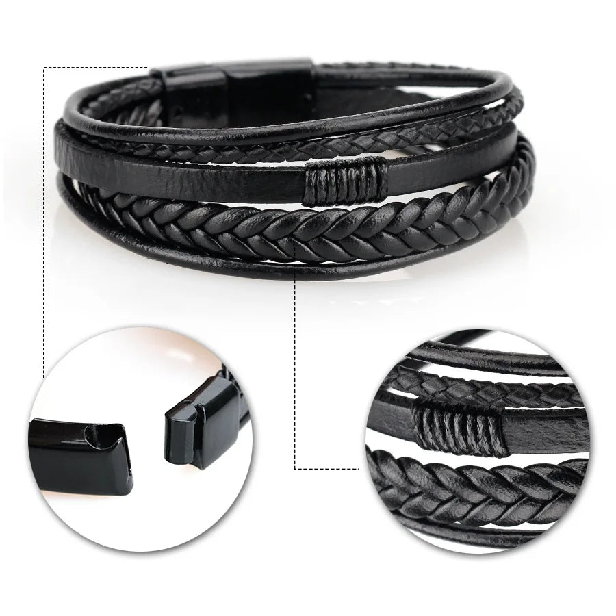Nemausus Trendy Leather Bracelet for Men – Stainless Steel Multilayer Braided Rope