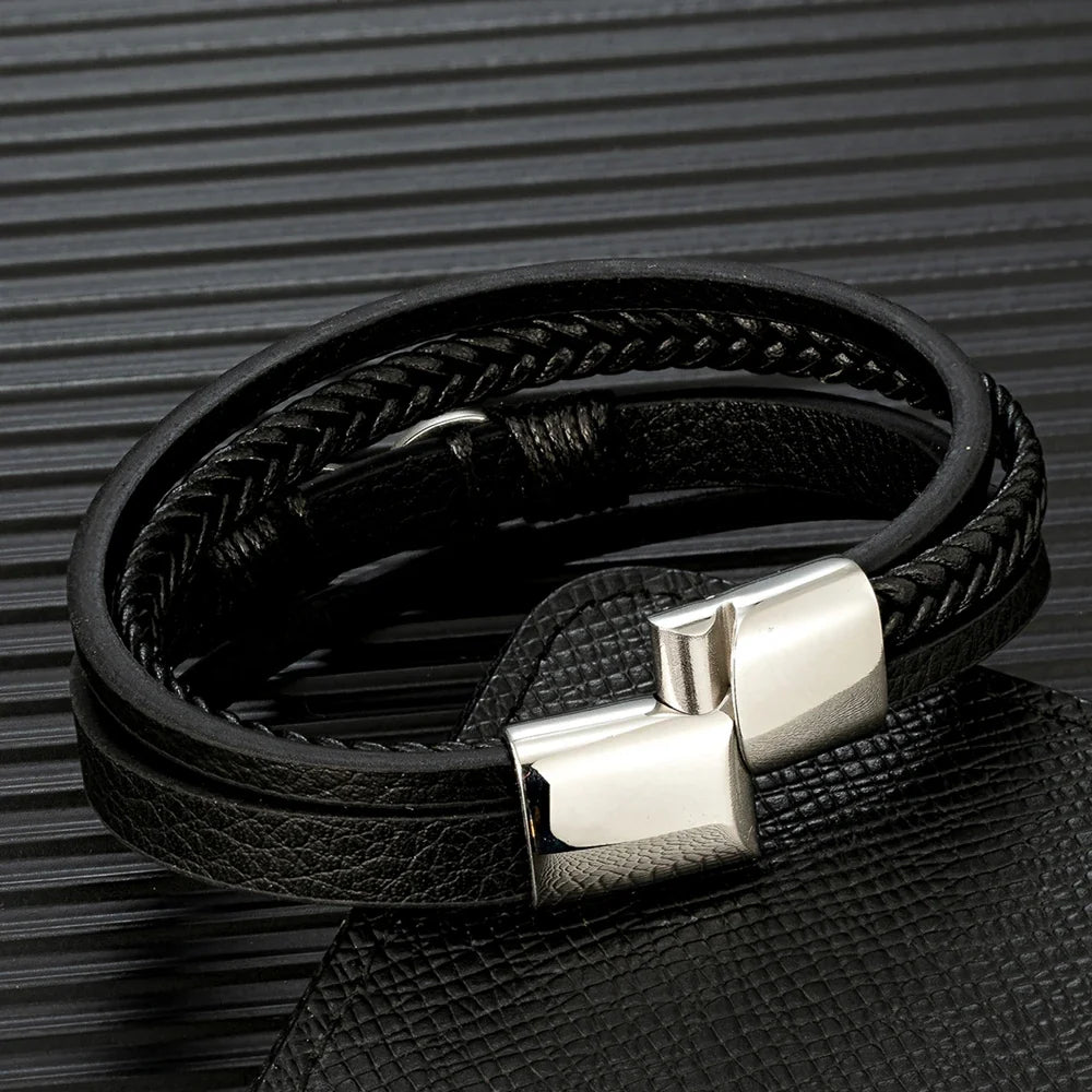 Eterna Braided Leather Bracelet – Multilayer Woven Design with Black Stainless Steel, Classic Infinity Style for Men
