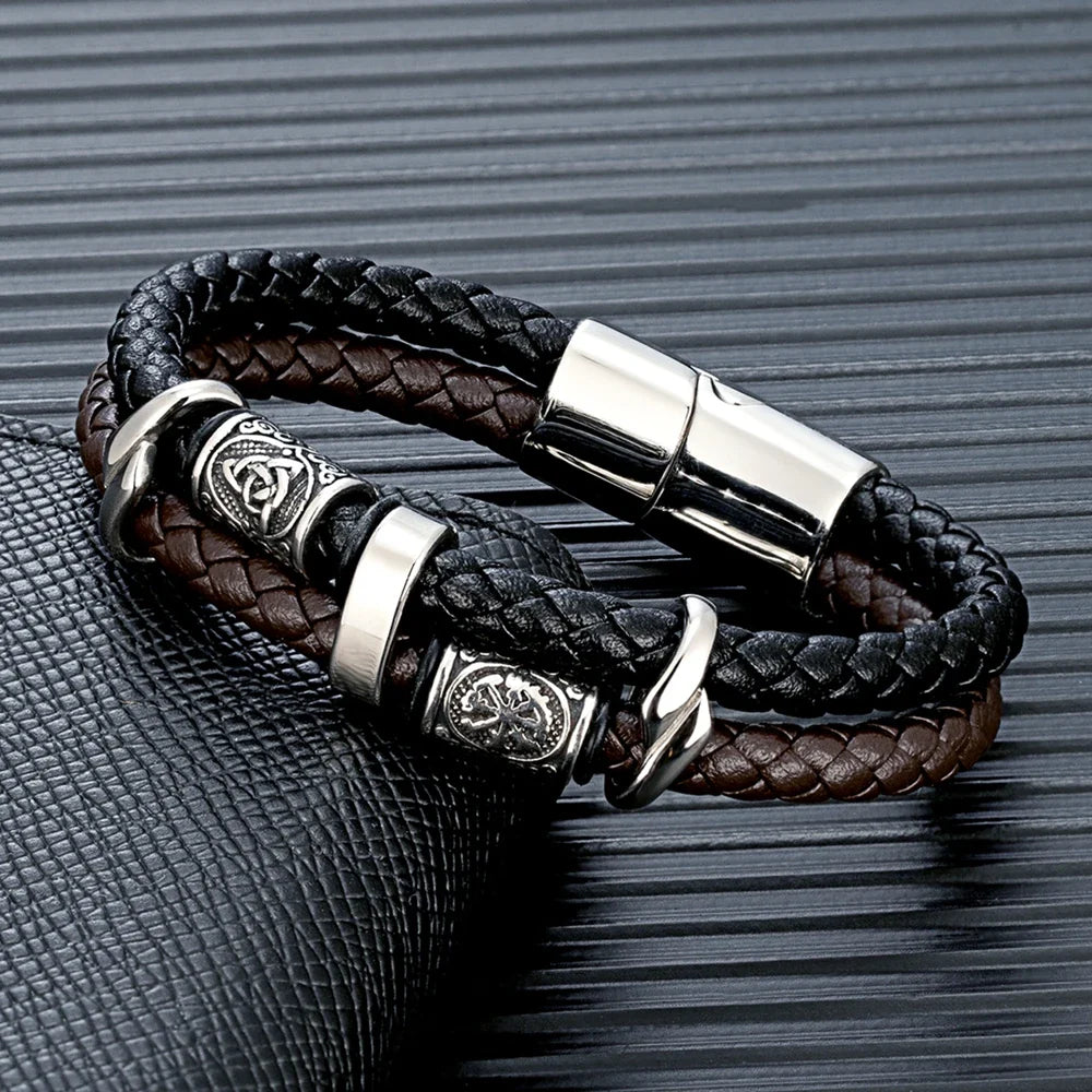 Ferentium Norse Compass Leather Bracelet – Viking Style Multilayer Braid for Men