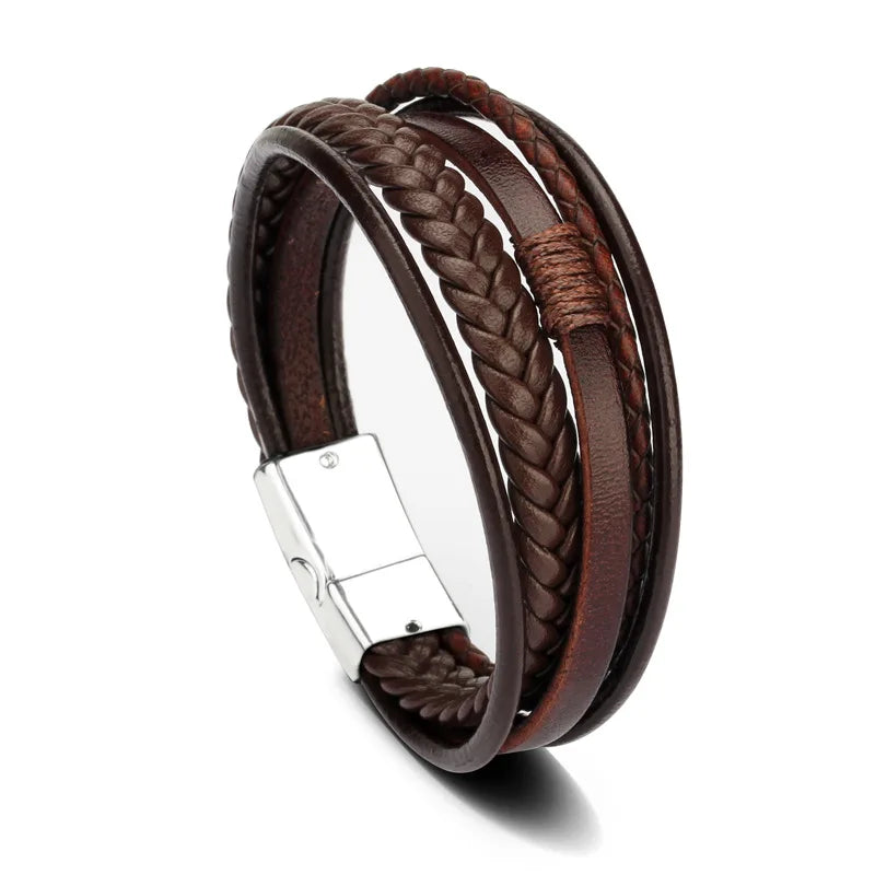 Nemausus Trendy Leather Bracelet for Men – Stainless Steel Multilayer Braided Rope