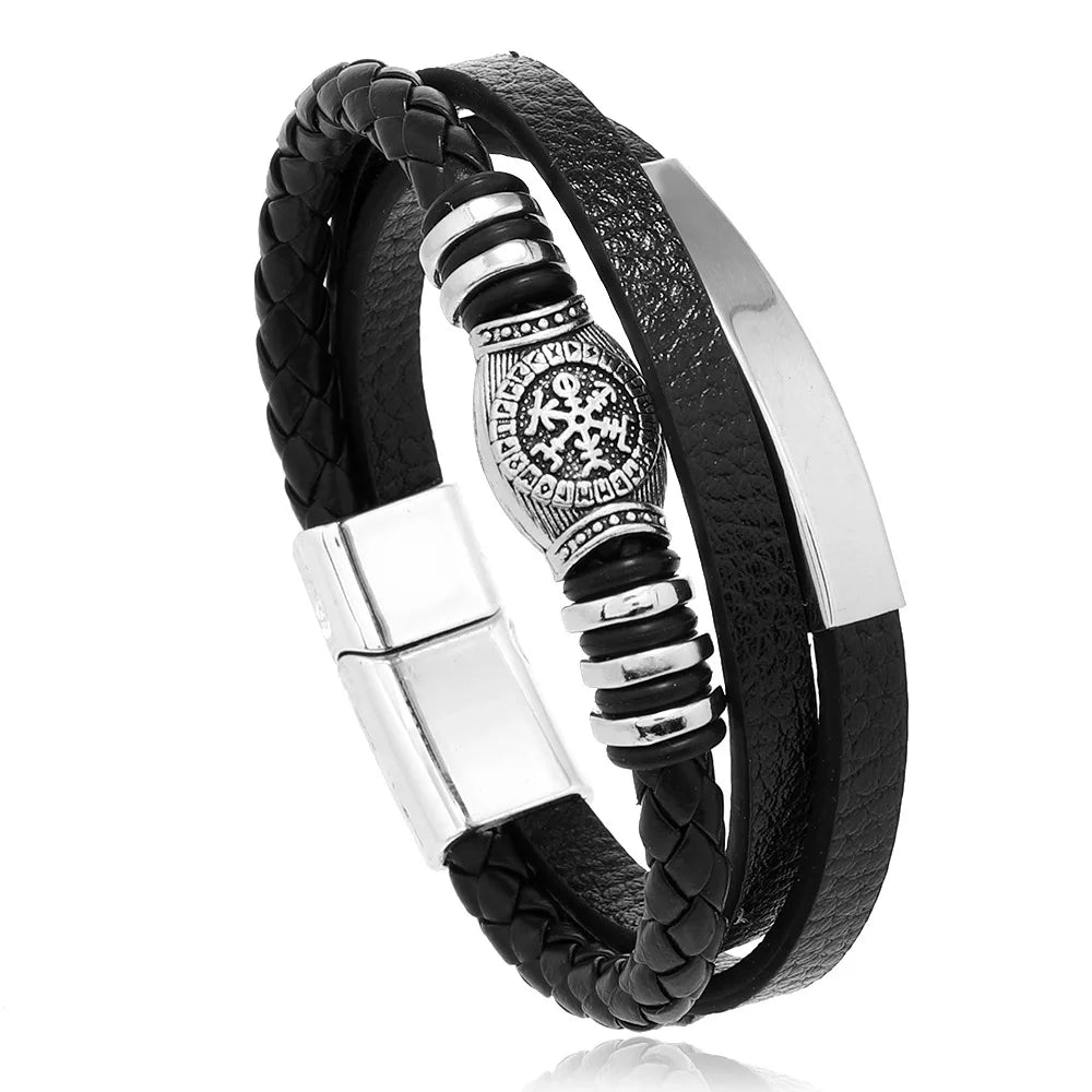 Nemausus Trendy Leather Bracelet for Men – Stainless Steel Multilayer Braided Rope