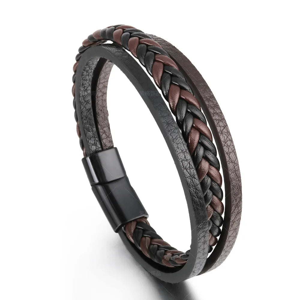 Nemausus Trendy Leather Bracelet for Men – Stainless Steel Multilayer Braided Rope