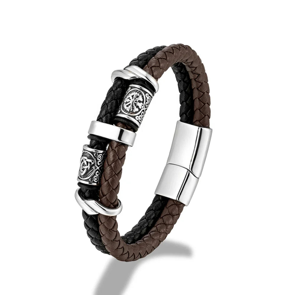 Ferentium Norse Compass Leather Bracelet – Viking Style Multilayer Braid for Men