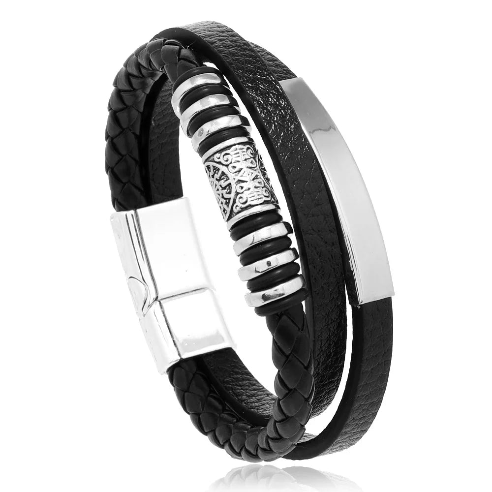 Nemausus Trendy Leather Bracelet for Men – Stainless Steel Multilayer Braided Rope