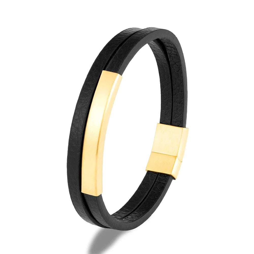 NoirBound Leather Bracelet – Double Strand Handmade Design with Matte Black Stainless Steel Clasp, Sleek and Minimalist Style for Men
