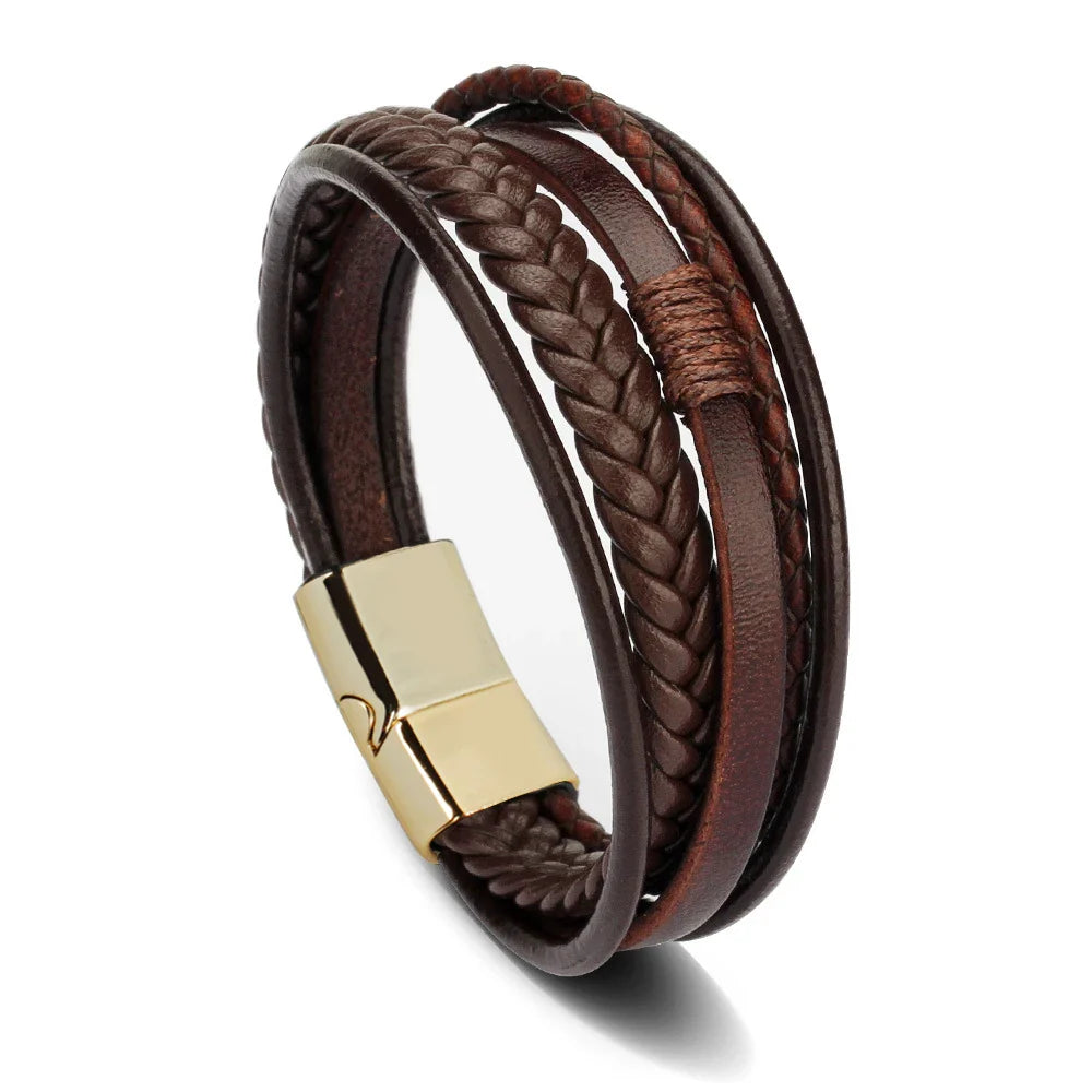 Nemausus Trendy Leather Bracelet for Men – Stainless Steel Multilayer Braided Rope